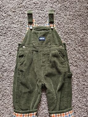VGUC Vintage Oshkosh B'gosh Flannel-lined Green Corduroy Overalls Size 18 Months